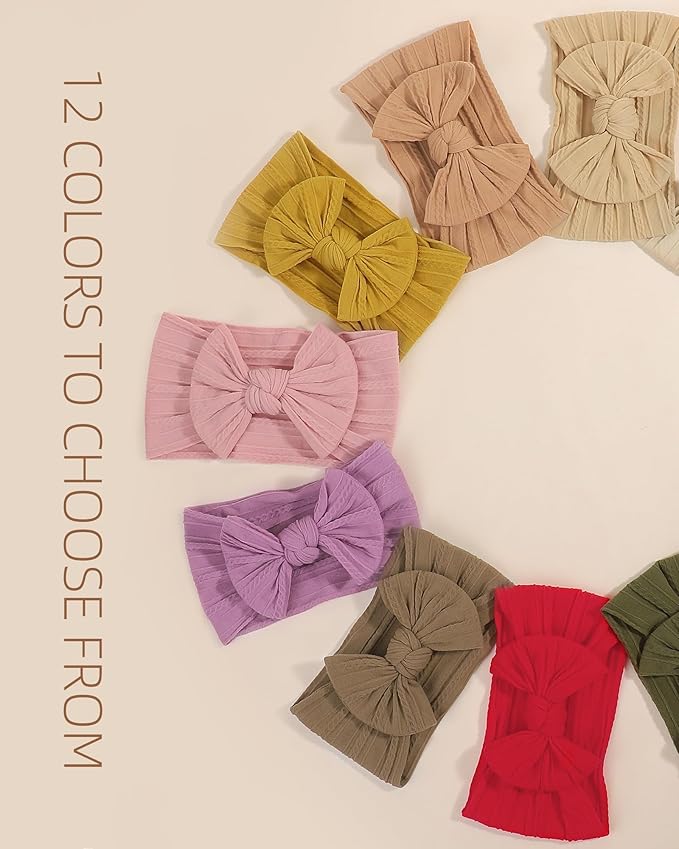 jollybows 12pcs Baby Girls Nylon Headband with Bow Newborn Hairbands Infant Hair Bow Elastics Handmade Hair Accessories for Toddlers Kids