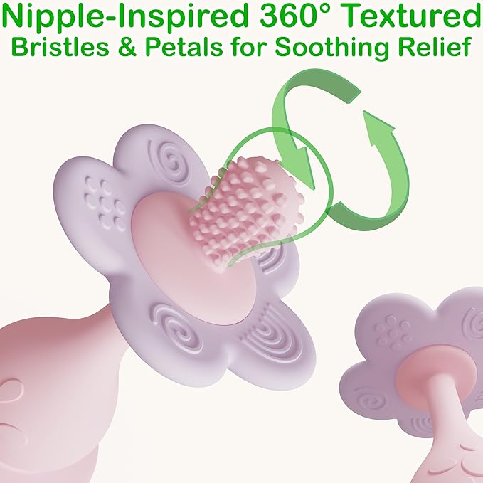 Baby Flower Teether Rattle Toy, Sensory Toy for Baby 0-24 Months, Teething Relief Chewing Toy for Infant, BPA Free Food Grade Silicone Teether (Pink)
