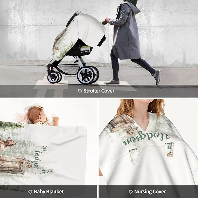 Personalized Baby Car Seat Canopy with Name – Custom Woodland Bear Minky Nursing Cover for Boys & Girls, Soft Stroller Cover for Infants & Newborns, Carseat Canopy for Breastfeeding