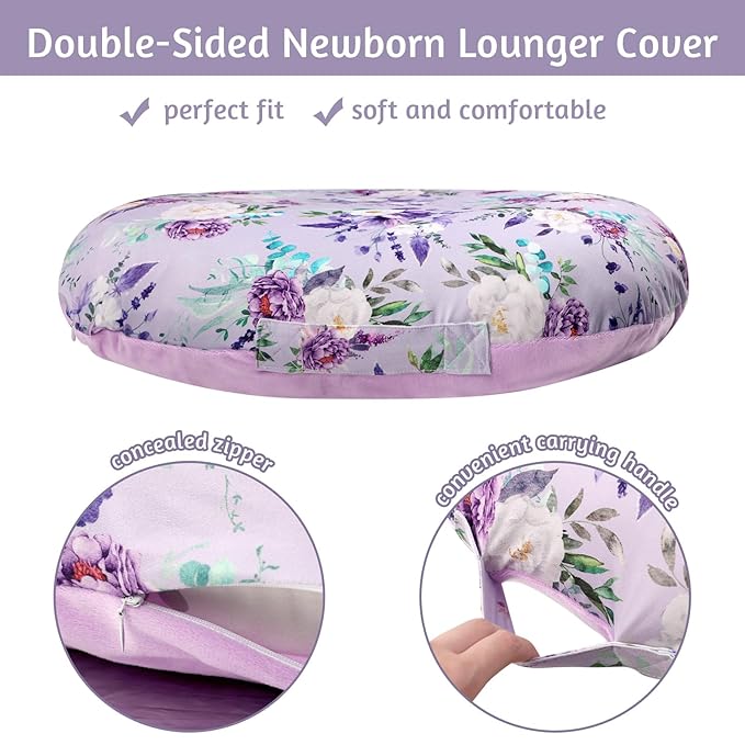 Newborn Lounger Cover for Girls Boys, Removable Soft Baby Lounger Cover 1 Pack, Reversible Infant Lounger Cover Fleece, Purple Floral (Only Cover)