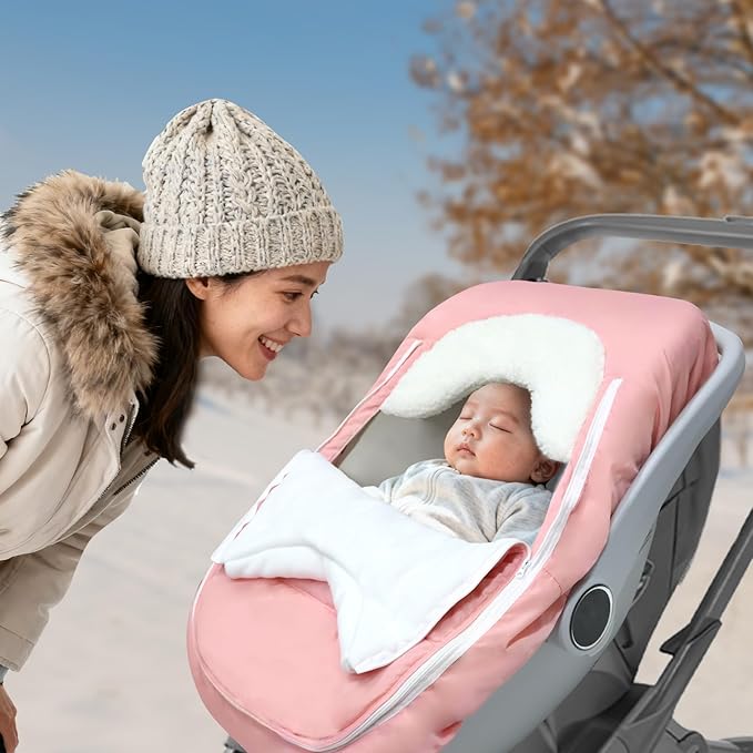 Car Seat Cover Baby Winter, Waterproof Carseat Covers Newborn Girl, Windproof Infant Car Seat Cover Warm & Breathable Use Universal Pink