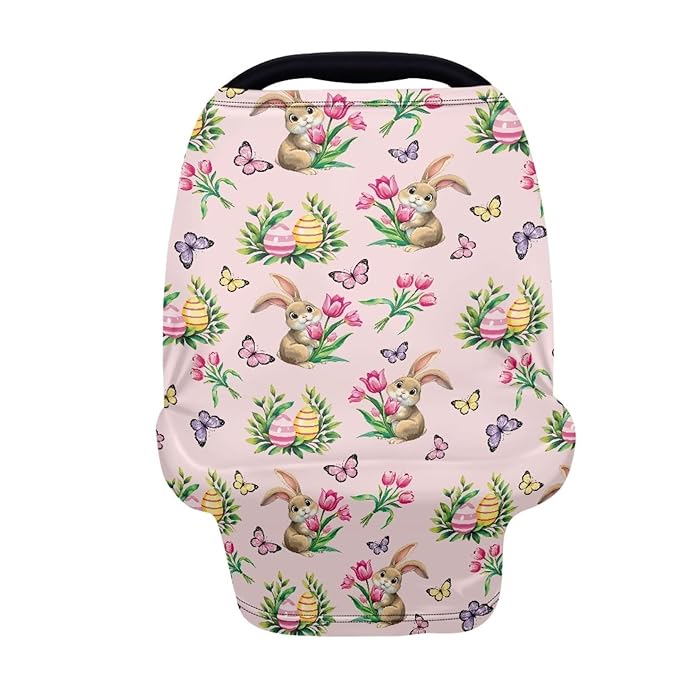Wanyint Easter Rabbit Butterfly Tulip Pink Baby Car Seat Covers Cute Carseat Canopy for Babies Boys Girls Multi-use Nursing Breastfeeding Covers Nursing Scarf