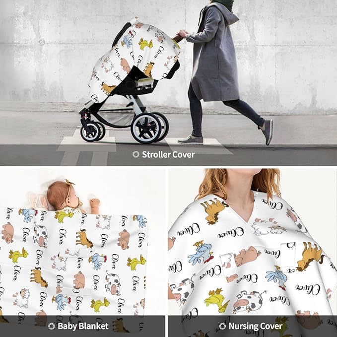 Personalized Baby Car Seat Canopy for Babies with Name, Custom Car Seat Covers for Boys Girls, Infant Opening Minky Nursing Breastfeeding Stroller Cover Carseat Canopies for Newborn (Farm Animals)