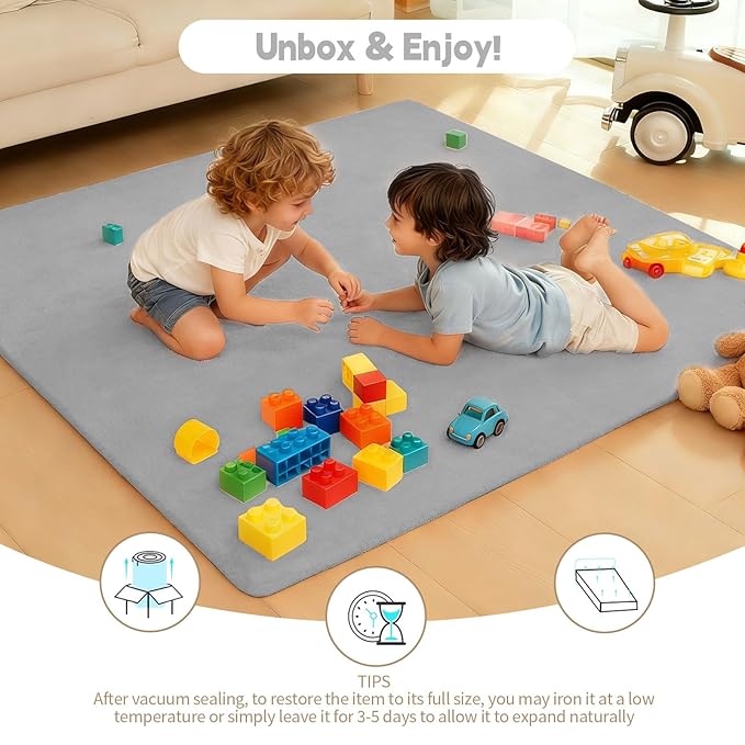 Velvet Baby Play Mat for Floor, 1.3" Thick Elasti-Foam 74"×50" Playpen Mat with Removable & Washable Velvet Cover for Toddler, Infant,Kids, Non-Slip Crawling Mat for Tummy Time (Grey)