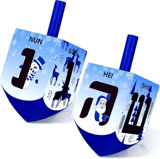 Wonderjune 2 Pcs Hanukkah Dreidels Extra Large Wooden Dreidel for Hanukkah Decoration with English Transliteration, Forever Spinning Tops Party Favors(Snowman)