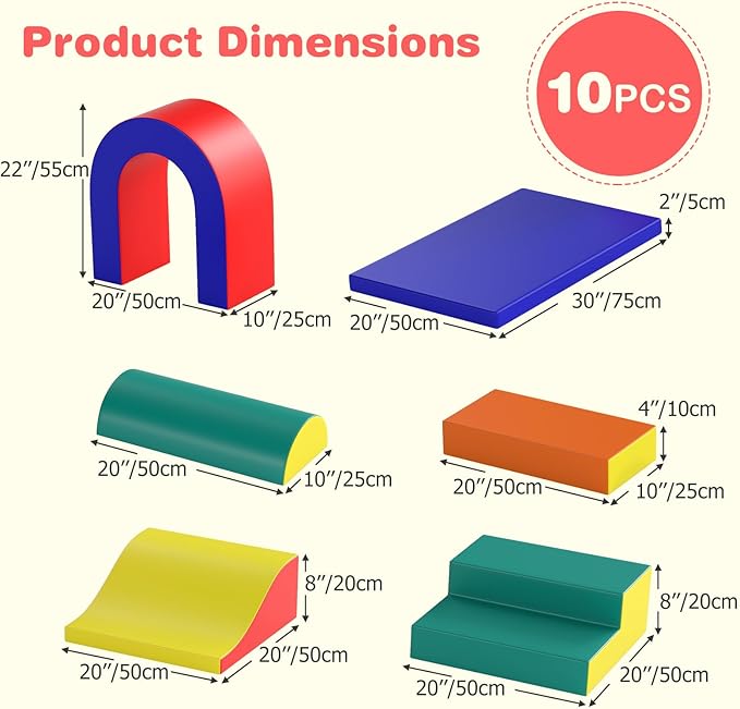 Olakids Toddler Climbing Toys Indoor, 10 Pieces Baby Foam Blocks Soft Play Set with PU Leather, Kids Climb Crawling Activity Gym Playground for 1+ Years (Red)