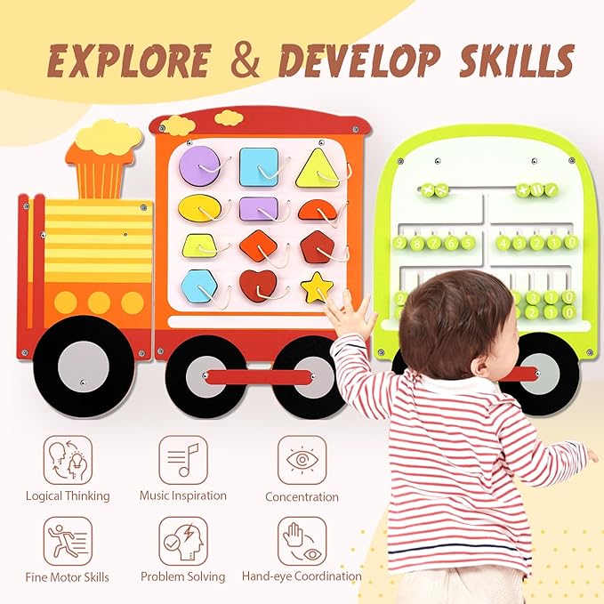 Joyreal Train Activity Wall Busy Board Panels - 8-in-1 Toddler Learning Activity Center - Wooden Montessori Sensory Toys for Playroom, Daycare, Classroom - Educational Toy for All-Round Development
