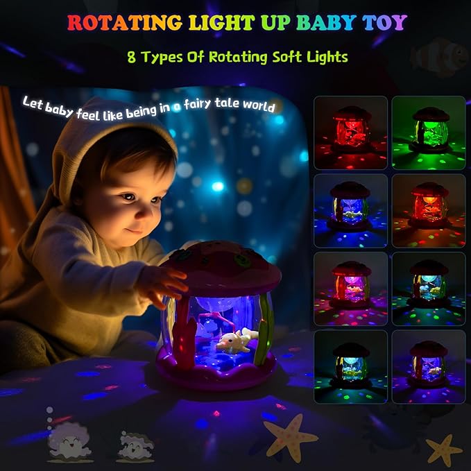 M SANMERSEN Baby Girl Toys 6-12 Months - Babies Ocean Rotating Projector Light Up Musical Toys for 12-18 Months Crawling Learning Tummy Time 1 2 Years Old Infant Boys Girls Pink
