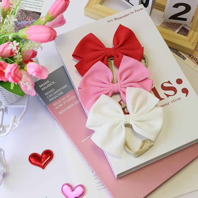 Valentine's Red Baby Bow Headbands for Baby Girls Pink Handmade Bows Newborn Nylon Headbands Valentine's Day HairAccessories for Infants Toddlers (Red White Pink)