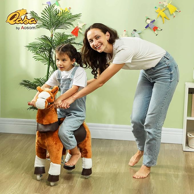 Qaba Ride on Horse, Walking Horse Toy, Kids Plush Riding Horse, Pony with Wheels & Neighing Sound for 3-5 Years Old up to 132 Pounds, Brown