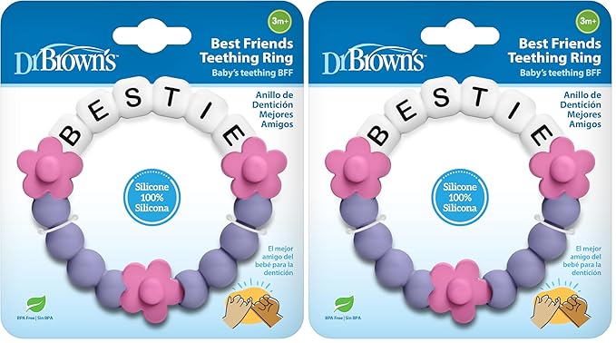 Dr. Brown's Best Friends Teething Ring, 100% Silicone Massaging Teether Toy, Pink and Purple, BPA-Free, 3m+ (Pack of 2)