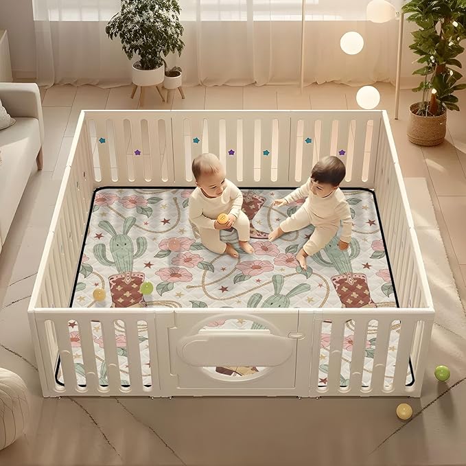 Baby Play Mat Cactus Cowboy Boots Floral 50 x 50 Playpen Mat Baby Play Mats for Floor Play Gym Crawling Mat Non-Slip Cushioned Baby Playmat for Infants, Babies, Toddlers