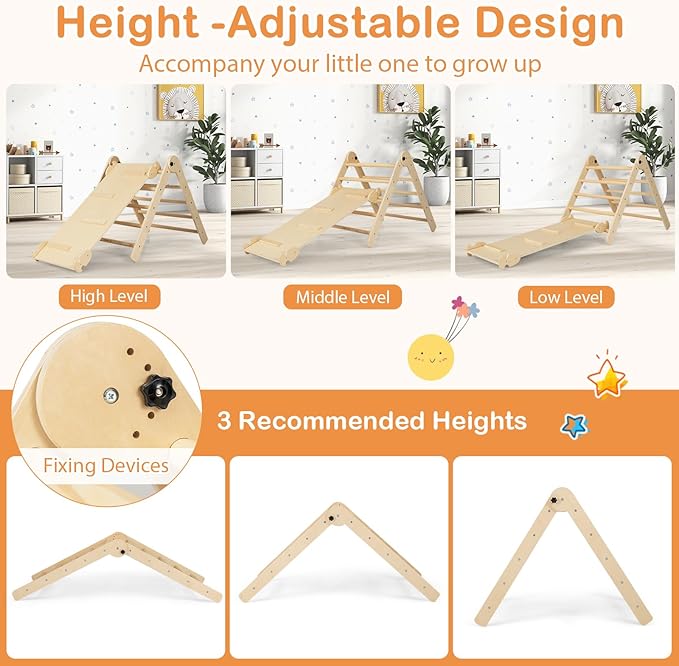 HONEY JOY 7 in 1 Climbing Toys for Toddlers, Wood Triangle Climber w/Ramp for Sliding or Climbing, Rocker, Foldable Montessori Triangle Climbing Arch Set for Daycare, Gym & Playground, Natural
