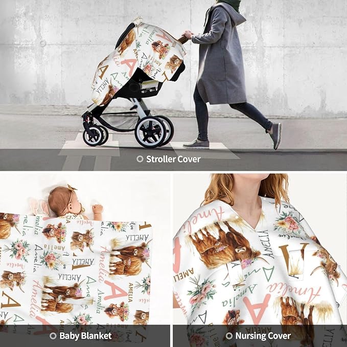Personalized Highland Cattle Baby Car Seat Canopy for Girls, Custom Name Baby Carseats Cover, Multi-use Nursing Breastfeeding Scarf for Infant Newborn, Cute Cow Strollers Carseat Canopies
