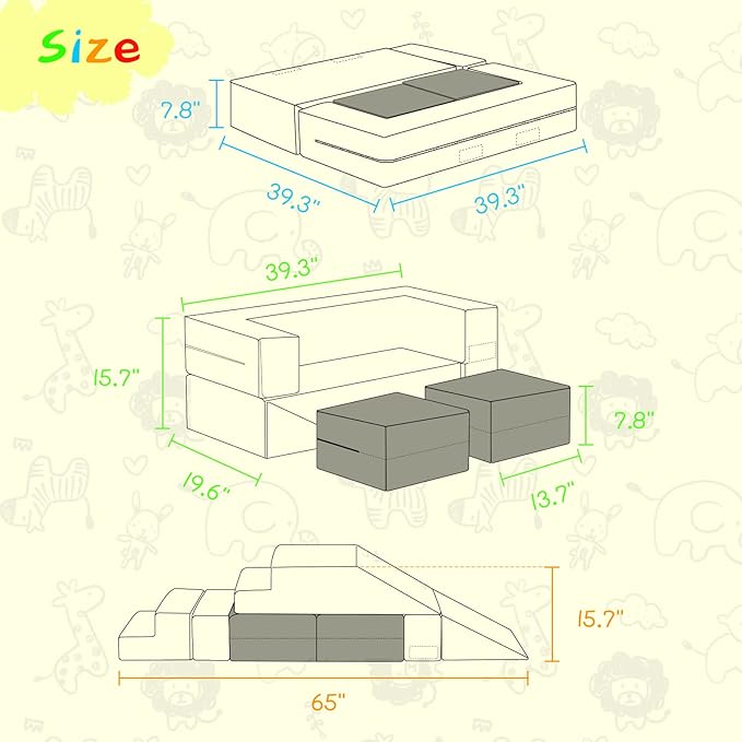 Toddler Foam Climbing Blocks|Modular Kids Soft Play Couch Sofa with 2 Ottomans Indoor,Baby Crawling & Sliding Foldable Soft Play Set with Stair,Beige & Pink
