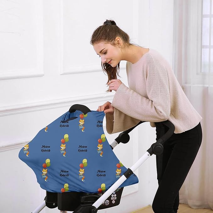 Personalised Car Seat Cover for Babies - Multi-use Carseat Canopy Cover with Name, Dark Blue Fox Print Car Seat Covers, Christmas Birthday Gifts for Infant Boys and Girls(27"x29")
