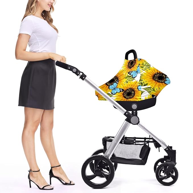 Baby Car Seat Stroller Covers Sunflower and Butterfly Nursing Cover Breastfeeding Scarf Soft Breathable Stretchy Infant Car Canopy Coverage Carseat Cover for Boys and Girls Multi Use