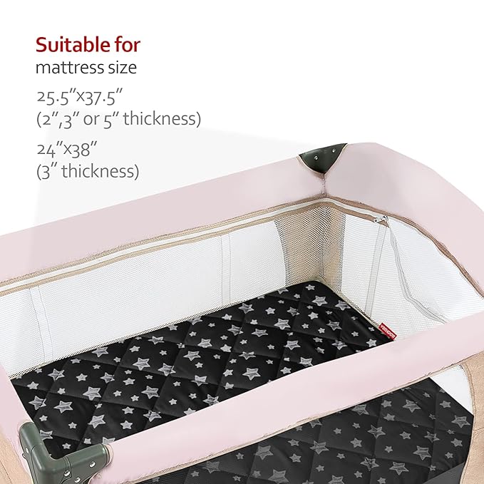 Pack and Play Sheets Fitted, Breathable Thick Playard Lovely Print Cover 39"×27"×5" Compatible with Graco Pack n Play, Black Star