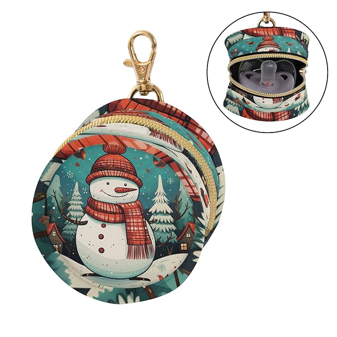 Pacifier Holder with Clip Pacifier Case for Diaper Bag Round Baby Pacifier Pouch Box Bag Portable Christmas Snowman Blue