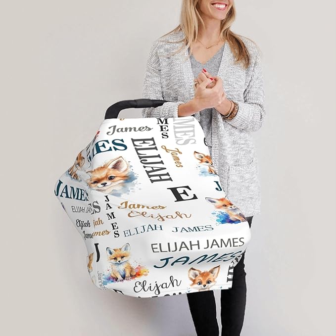 Personalized Baby Car Seat Covers for Babies, Custom Fox Nursing Breastfeeding Carseat Canopy with Name, Infant Stroller Covers for Newborn Girls Boys, Breathable Carseat Cover