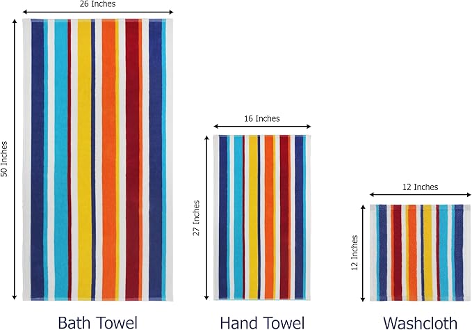 ORIGINAL KIDS 6 Piece Towel Set - 2 Bath Towels, 2 Hand Towels, 2 Washcloths - 100% Cotton - Soft Absorbent Quick Dry - Durable Pool Shower Beach - Gift - Cabana Stripe Multi