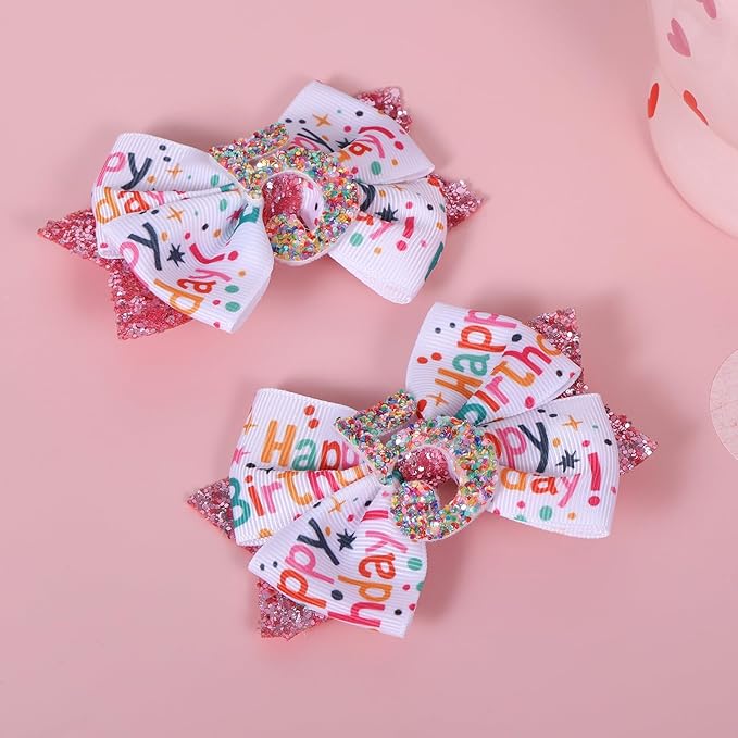 4" Glitter Happy Birthday Hair Bow Clips for Girls Ages 1-6, Pink Ribbon Cheer Bow Barrettes Alligator Hairpins, Confetti Ice Cream Party Dress Accessories, Her 5th Birthday Gift