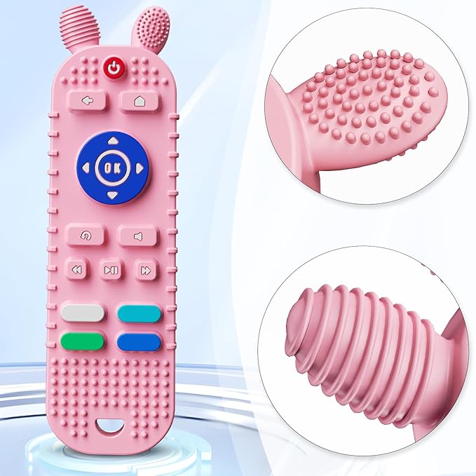 Kaodezhu TV Remote Control Shape Baby Teething Toys and Phone Shape Teether Toys for Babies 6-12 Months, Soft Flexible Silicone Chew Toys for Baby - Black Pink