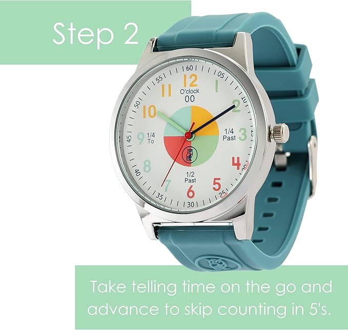 OWLCONIC Telling Time Teaching Clock - Bundled with Kids Watch. Learn to Tell Time Resources. Teal