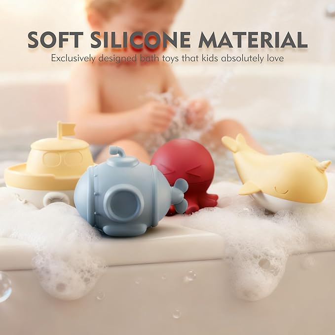 MarcZero Ocean Silicone Bath Toys 8Pcs for Toddlers Kids Babies,Bathtub Water Toys,Soft Squeezable Easy-Grip Pool Toys Set (Yellow)