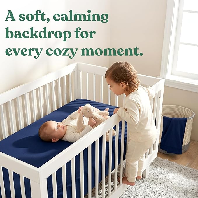 Comfort Crib Sheets for Boys: Soft Fitted Crib Sheet That Stays Put, Universal Fit for 28x52 Crib Mattresses, Hypoallergenic with a Calming Effect, 2-Pack (Navy & Grey)