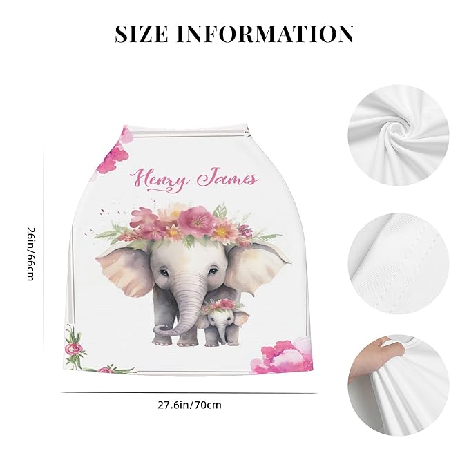 Personalized Car Seat Covers with Name, Elephant Baby Canopy Carrier Cover, Breathable Breastfeeding Nursing Cover, Stretchy Multi-Use Infant Carseat Stroller Cover
