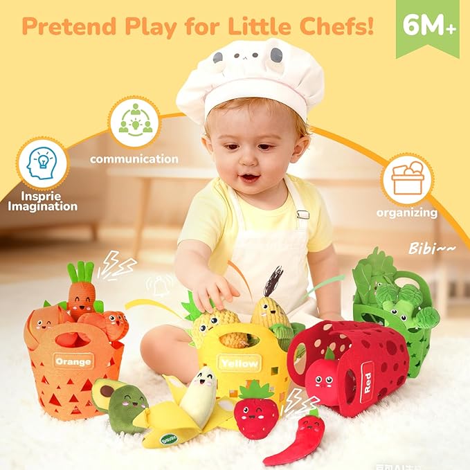 Baby Color Sorting Sensory Toys for 6-12 Months - 17 PCS Fruit Veggie Pretend Play Food Plush Toy for Toddlers 1-3, Montessori Toys for 1 Yeal Old, Boy Girl Birthday Gift Basket Stuffers