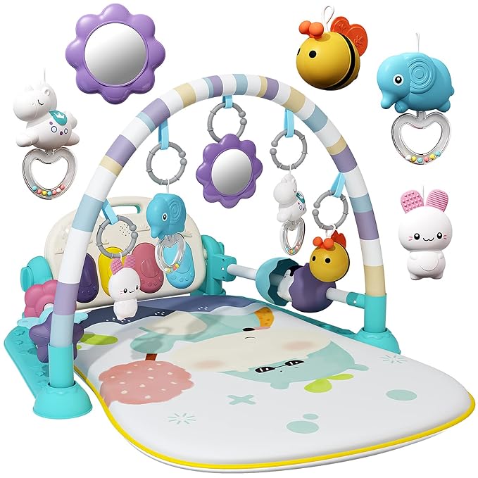Jovow Baby Gym with Musical Piano,Baby Play Mat Tummy Time Baby Activity Gym Mat with 5 Infant Learning Sensory for Baby, Music and Lights Boy or Girl for Newborn (Green)