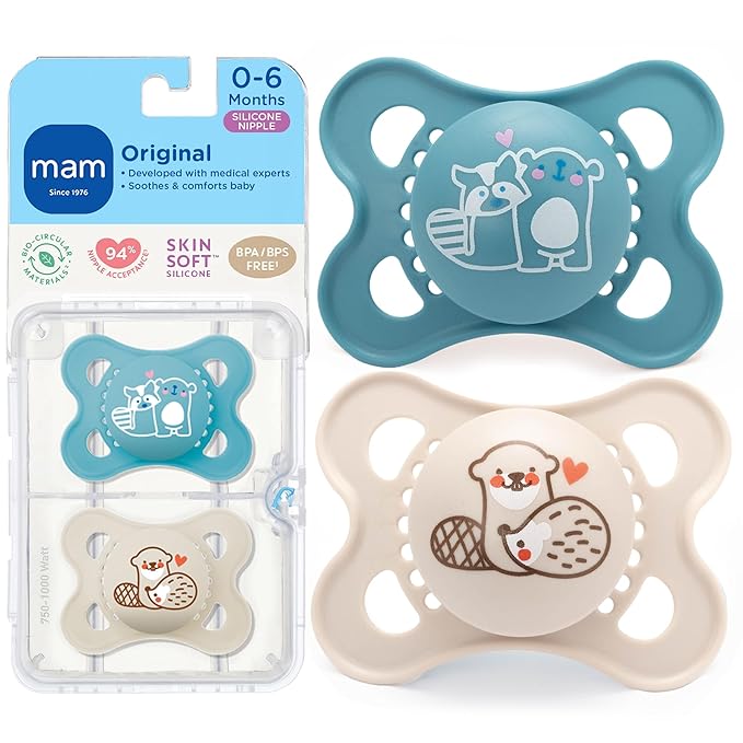 MAM Original Matte Baby Pacifiers 0-6 Months, Binky for Newborn Babies, BPA-Free Skin Soft Silicone Nipple, Easy to Clean, Developed with Medical Experts, 2 Count, With Sterilizer Case, Made in Europe