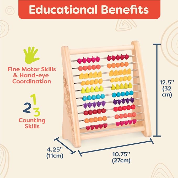 B. toys – Fruity! Wooden Abacus for Kids Classic Math Learning Toy with 100 Beads Educational for Addition, Subtraction Numbers & Counting 18+ Months