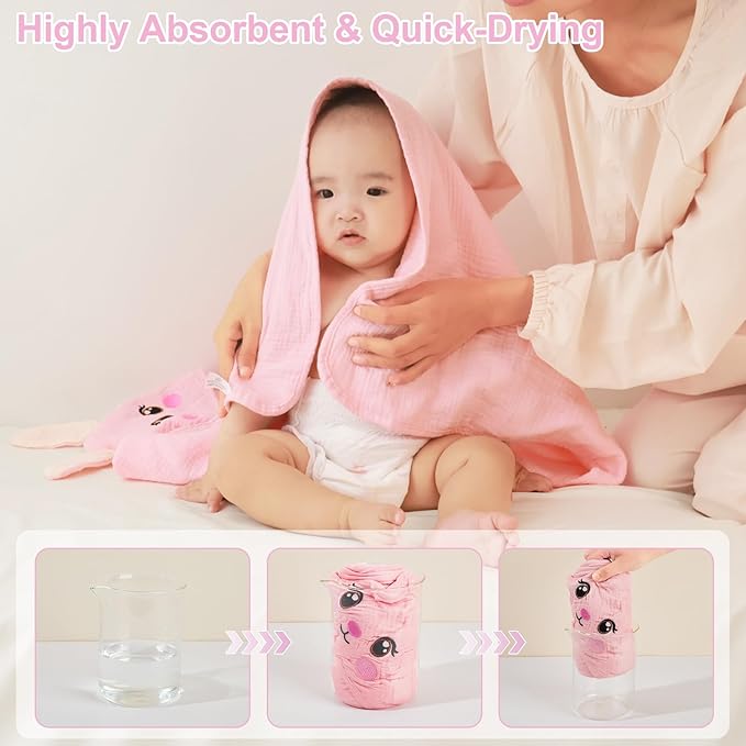 FIOBEE Hooded Baby Towels 100% Muslin Baby Bath Towels for Newborn with Animal Design Ultra-Soft and Absorbent Bath Essentials for Toddler, Unisex Girls Boys 30 x 30 inch, Pink Bunny