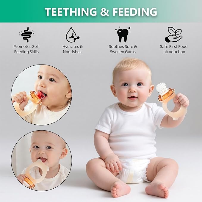 Baby Fruit Feeder& Teether with Freezer Tray Combo, BPA-Free Silicone Food Feeder for 4+ Months, Breastmilk Popsicle Molds for Teething Relief, Dishwasher Safe Baby Food Freezer Tray with Lid