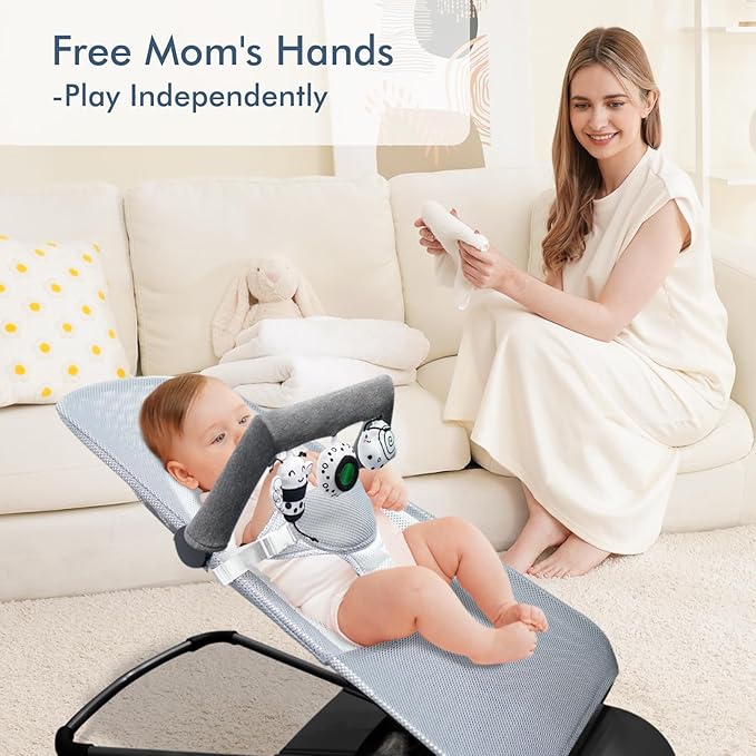 iGRATENS Baby Bjorn Bouncer Toy Bar, Toy Bar for Baby Bouncer Bliss and Balance Soft with 3 PCS Cute Sensory Toys, Easy to Attach and Remove, Skin -Friendly, Machine Washable, Black and White, Soft