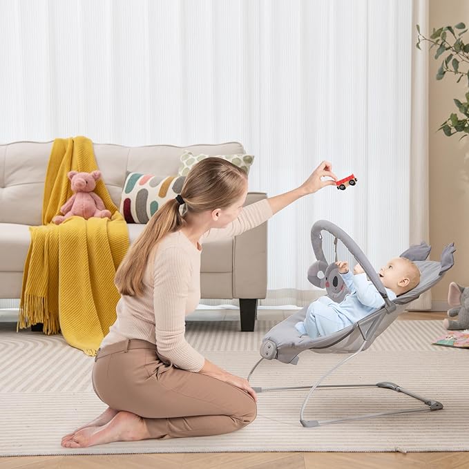BABY JOY Baby Bouncer, Portable Baby Bouncer Seat with Vibration & Music, Removable Bar & Fabric Cover, 3-Point Safety Harness, Infant Bouncer for Babies 0-6 Months Up to 20 lbs