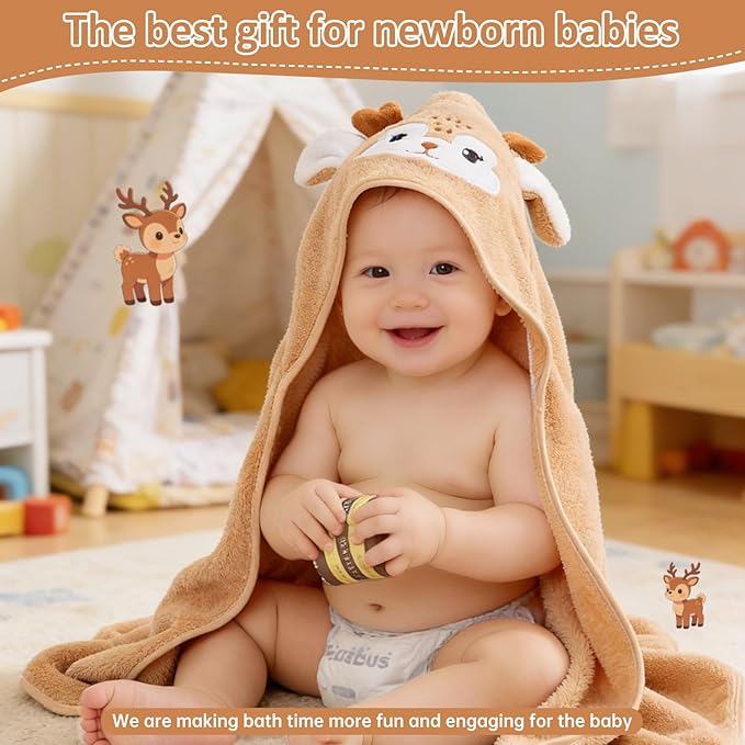 Hooded Baby Towel, Premium Soft Coral Fleece Baby Towel for Baby, Newborns, Toddlers, Infant- Ultra Absorbent, Natural Baby Stuff Towel with Hood for Boys and Girls (Brown Deer)
