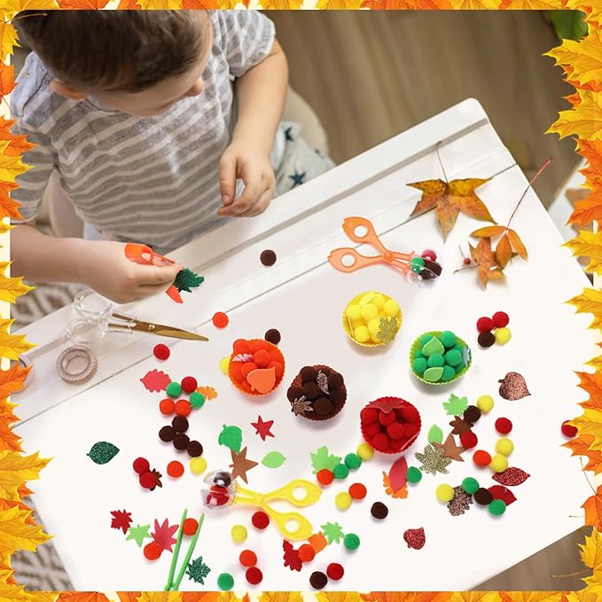 Blosssound 265 Pcs Fall Fine Motor Thanksgiving Counting Sorting Sensory Bin Filler Set Includes Pom Poms Fall Leaves Sorting Cups Tweezers Scissors Clips for Autumn Thanksgiving Decor Early Education