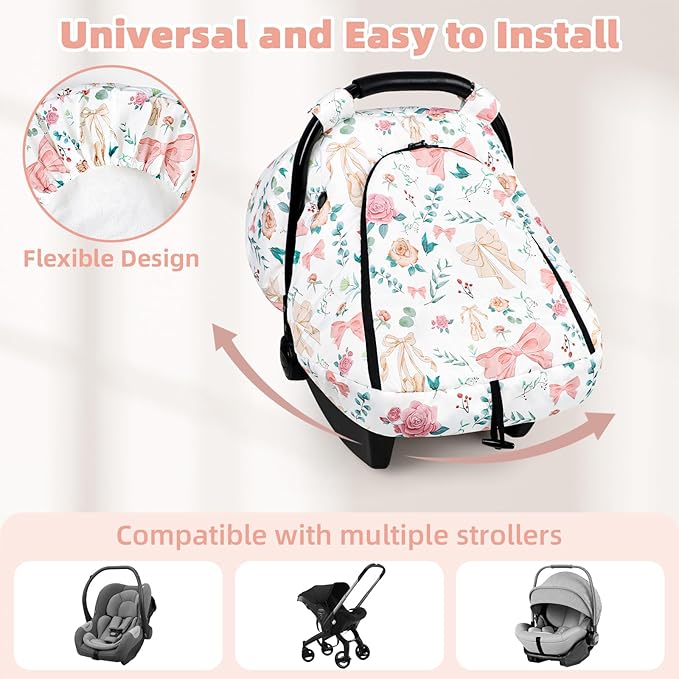 Winter Car Seat Cover Baby, GFU Warm Carseat Cover for Babies, Universal Infant Car Seat Canopy Waterproof, Cold Weather Shield Coats Pink Bow