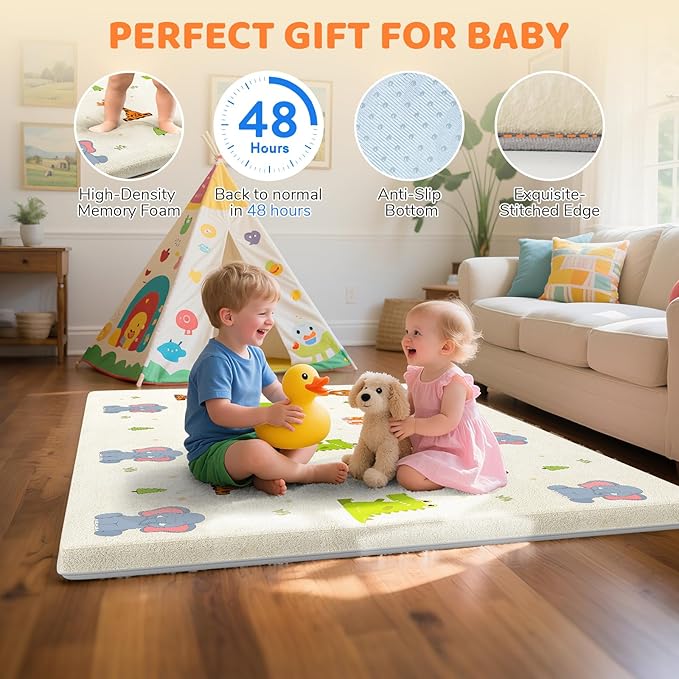 Omzer Baby Play Mat for Floor - 1.3" Thick Foam 65x50 Inch Playpen Mats with Removable & Washable Cover for Tummy Time, Soft Coral Velvet & Non-Slip Crawling Pad for Babies, Toddlers, Infants - Beige