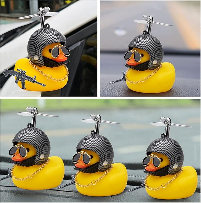 wonuu Rubber Duck Car Ornaments Cool Yellow Duck Car Dashboard Decorations Squeaky Glasses Duck with Propeller Helmet for Car ccessories Dashboard (Y-Black and White Grid)