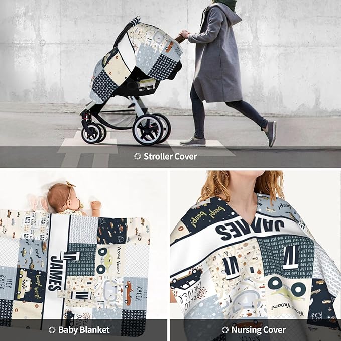 Personalized Baby Car Seat Canopy for Babies with Name, Custom Car Seat Covers for Boys, Car Nursing Breastfeeding Stroller Cover Infant Carseat Canopies for Newborn, OneSize