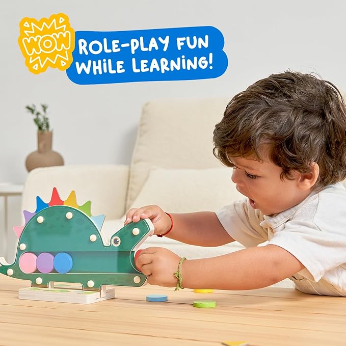Nene Toys Hungry Dino, Montessori Wooden Dinosaur Toy for Toddlers, Color Sorting and Matching Game, Learning Toys for 2 3 Years Old Kids, Preschool Educational Game, Gift for Boys Girls 2+ Years