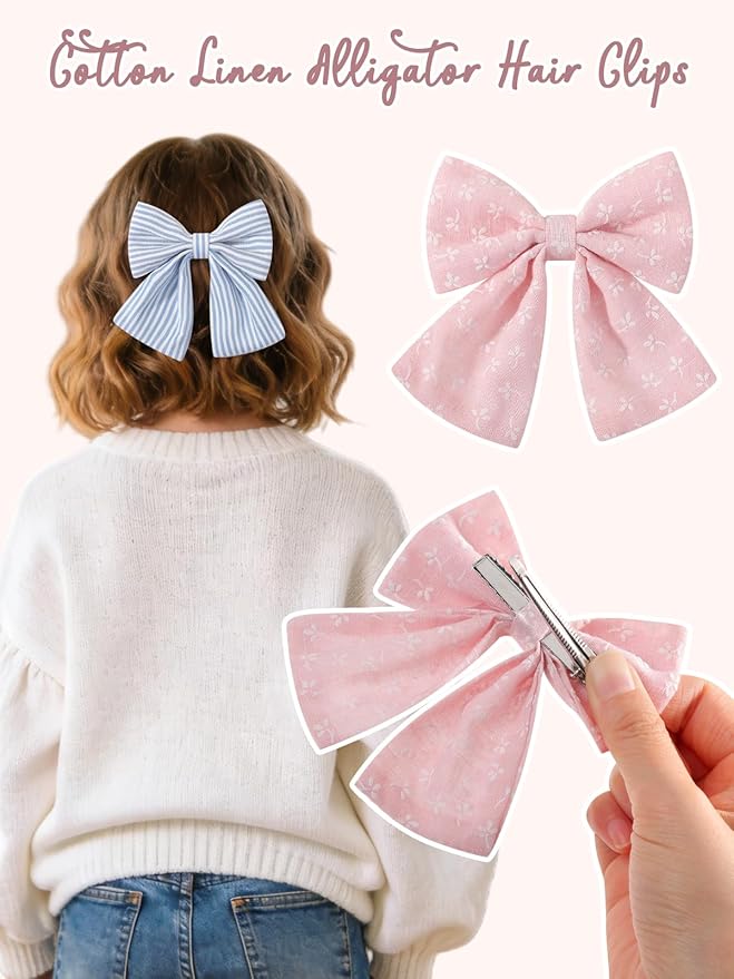 12PCS Baby Girls Hair Clips Fable Hair Bows Cotton Linen Bows for Girls Hair Accessories for Baby Toddlers Kids Light Color