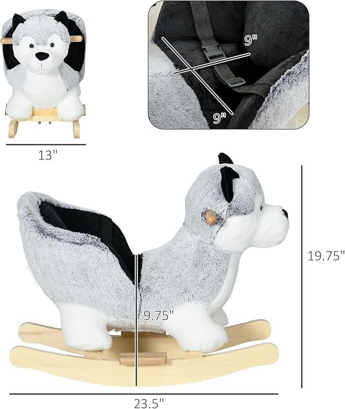 Qaba Wooden Rocking Horse, Husky Themed Rocking Animal for Baby, Animal Rocker Ride-On Toy for Kids 18+ Months with Realistic Sounds, Seat Belt, Gray