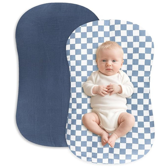 Hooyax Muslin Baby Lounger Cover 2 Pack - 100% Breathable Cotton Soft Infant Lounger Covers, Fits Most Standard Newborn Loungers & Pillows (Blue Checker + Navy)