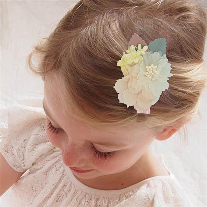 3pcs Girls Flower Hair Clips, Floral Hair Barrettes w/Boutique Fully Lined Alligator, Hair Bows for Baby Newborn Toddler